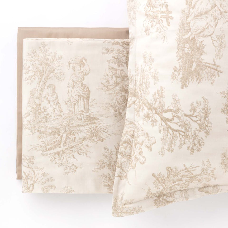 Completo Letto In Raso Toile De Jouy Beige